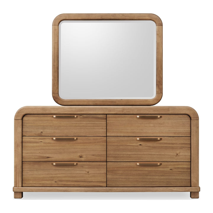 Kione Six Drawer Dresser by Modus in Lioness — on a white background with the matching mirror (sold separately)