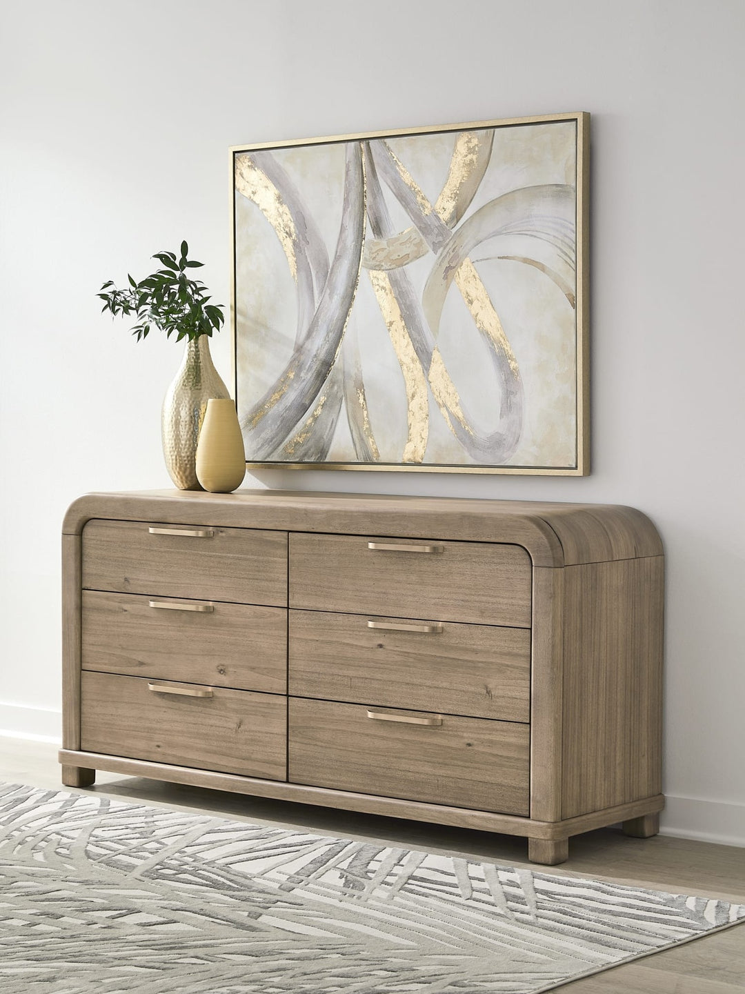 Kione Six Drawer Dresser in Lioness — styled in a room