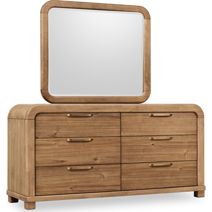 Kione Six Drawer Dresser in Lioness — on a white background with the matching mirror (sold separately)
