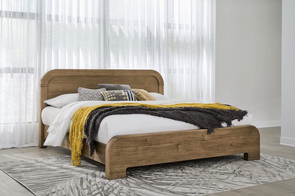 Kione Wood Platform Bed in Lioness styled in a bedroom