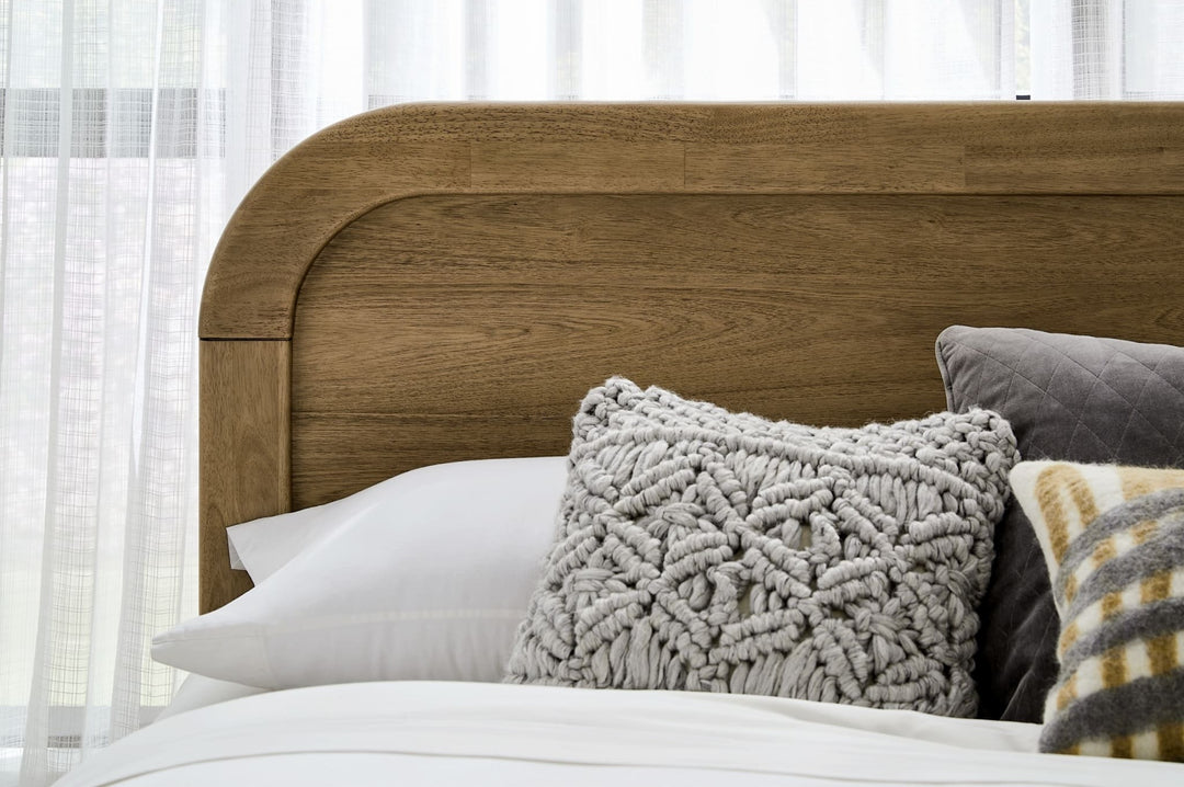 Kione Wood Platform Bed in Lioness styled in a bedroom