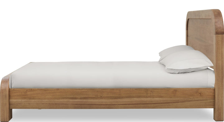 Kione Wood Platform Bed in Lioness — white background, side profile