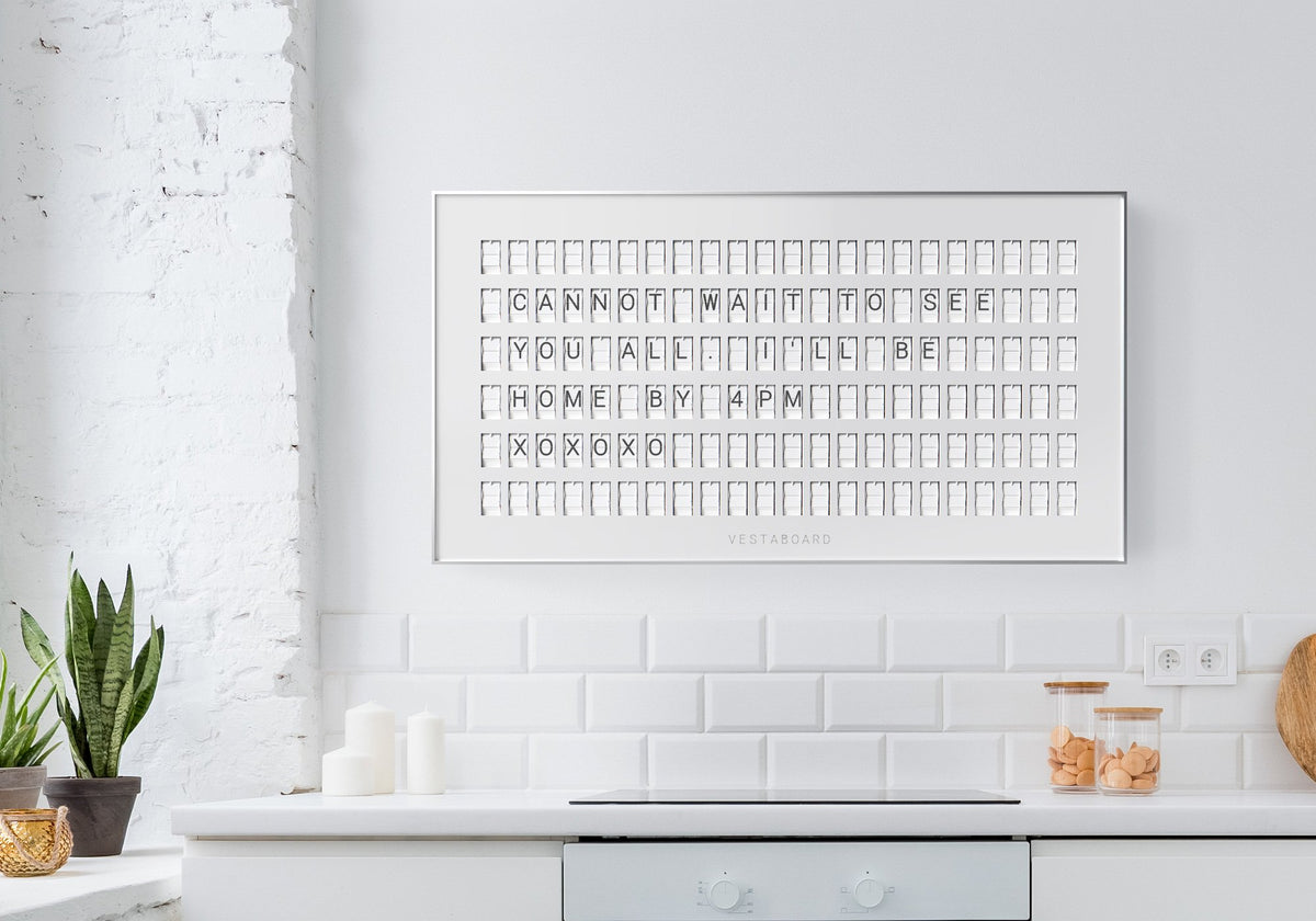 Vestaboard White in a bright modern kitchen