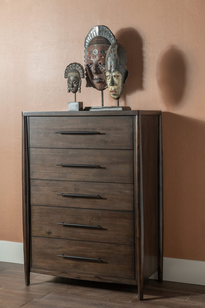 Koko Five Drawer Chest in Minx — styled in a room