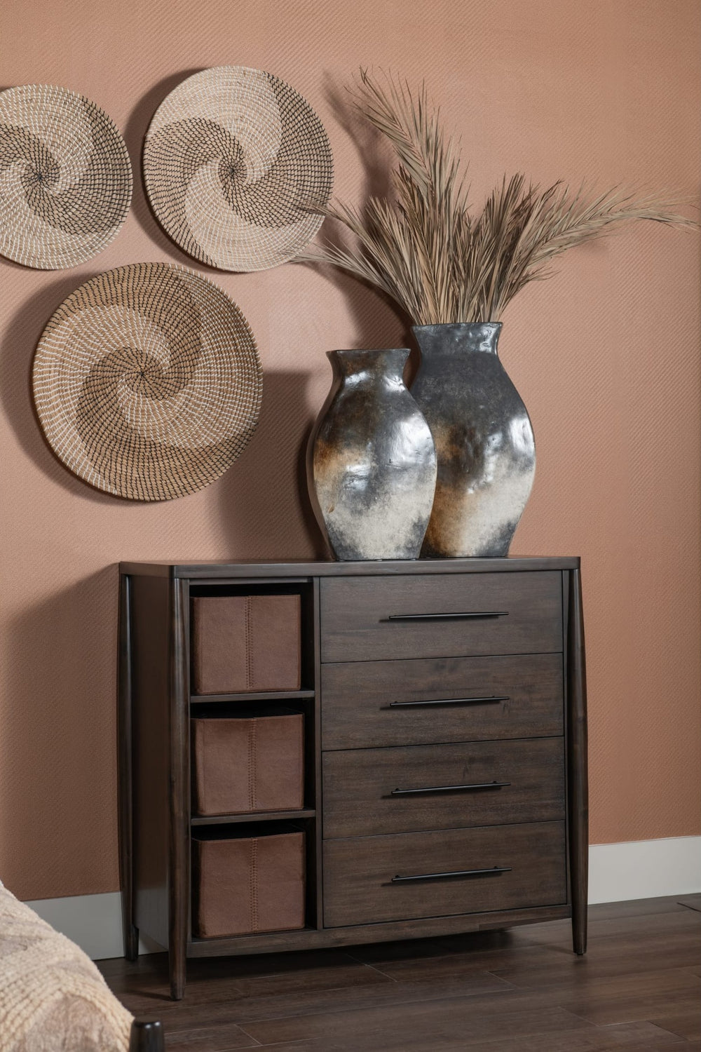 Koko Sweater Chest with Storage Bins in Minx — styled in a room
