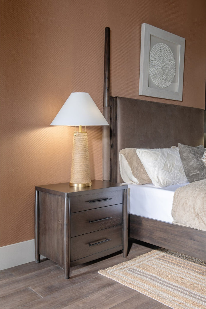 Koko Three Drawer Nightstand with Cord Management in Minx — in a bedroom setting