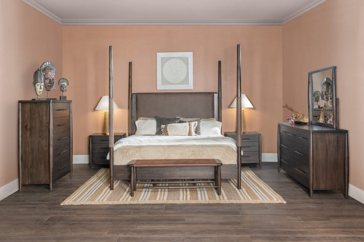Koko Three Drawer Nightstand with Cord Management in Minx — in a bedroom setting