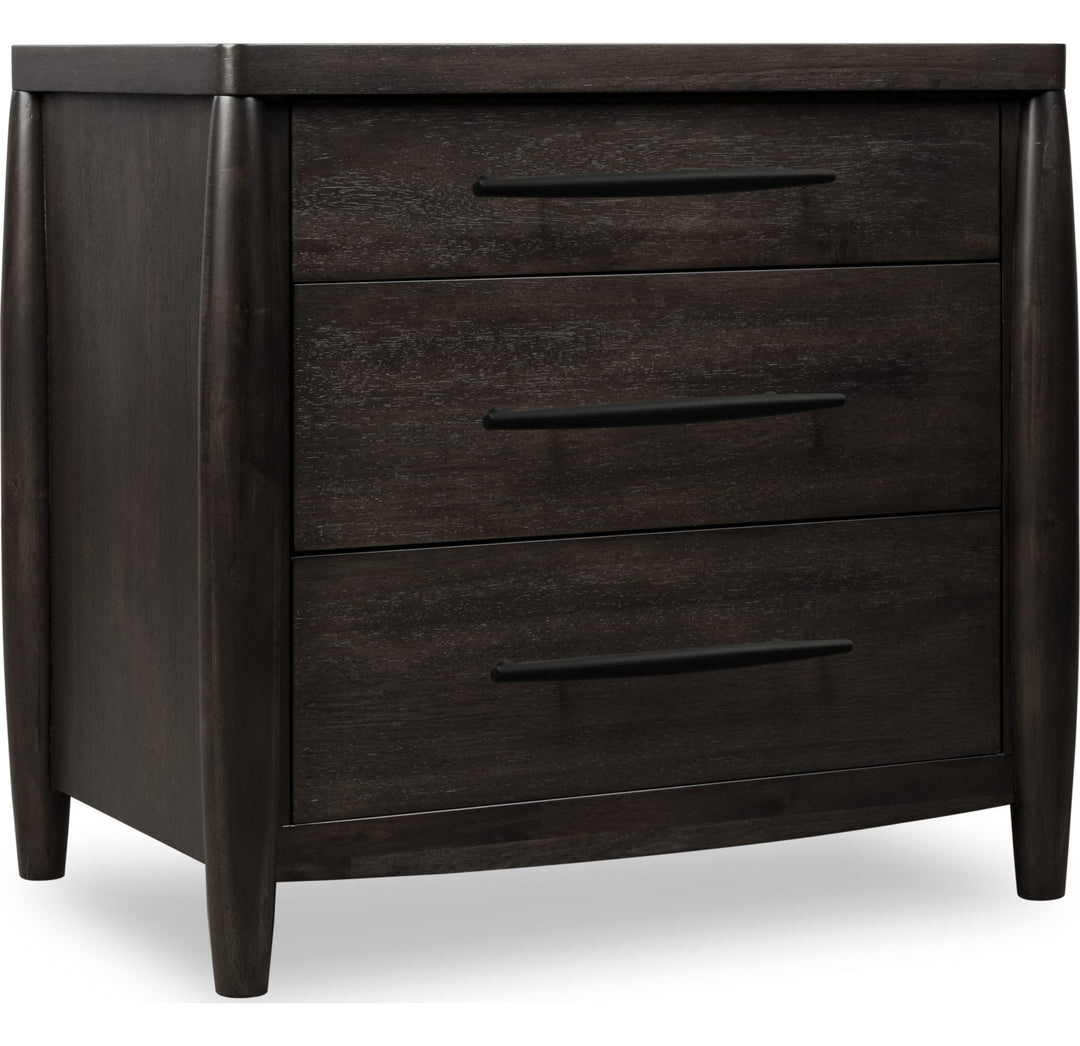 Koko Three Drawer Nightstand with Cord Management in Minx — on a white background