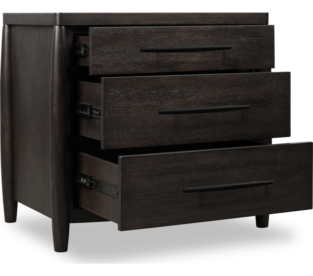 Koko Three Drawer Nightstand with Cord Management in Minx — with drawers open