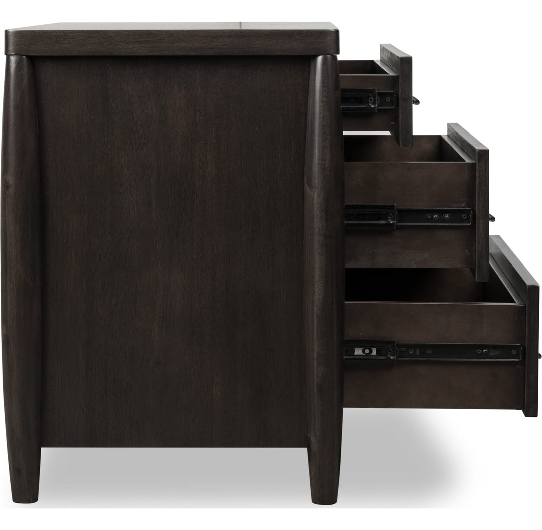 Koko Three Drawer Nightstand with Cord Management in Minx — with drawers open
