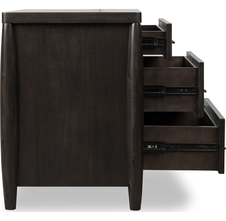 Koko Three Drawer Nightstand with Cord Management in Minx — with drawers open