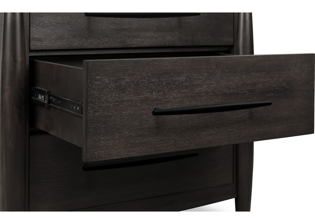 Koko Three Drawer Nightstand with Cord Management in Minx — with drawers open