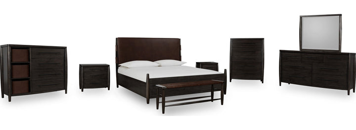 Koko Three Drawer Nightstand with Cord Management in Minx — shown with the matching bedroom group (sold separately)
