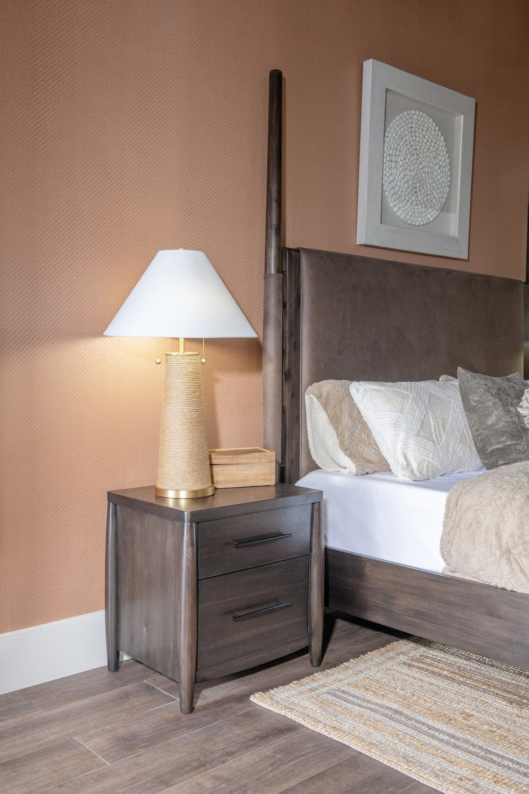 Koko Two Drawer Nightstand with Cord Management in Minx — in a bedroom setting