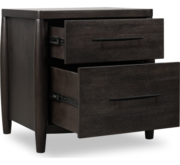 Koko Two Drawer Nightstand with Cord Management in Minx — with drawers open