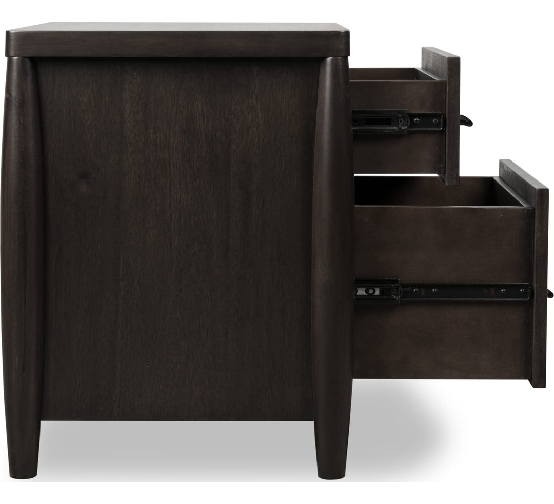 Koko Two Drawer Nightstand with Cord Management in Minx — with drawers open