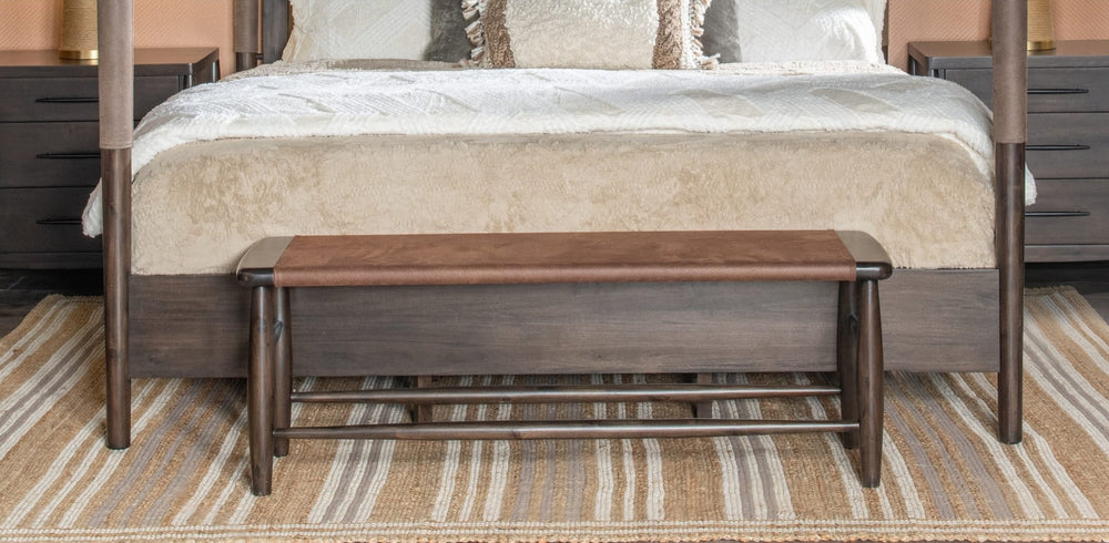 Koko Upholstered Bench in Minx — in a bedroom setting