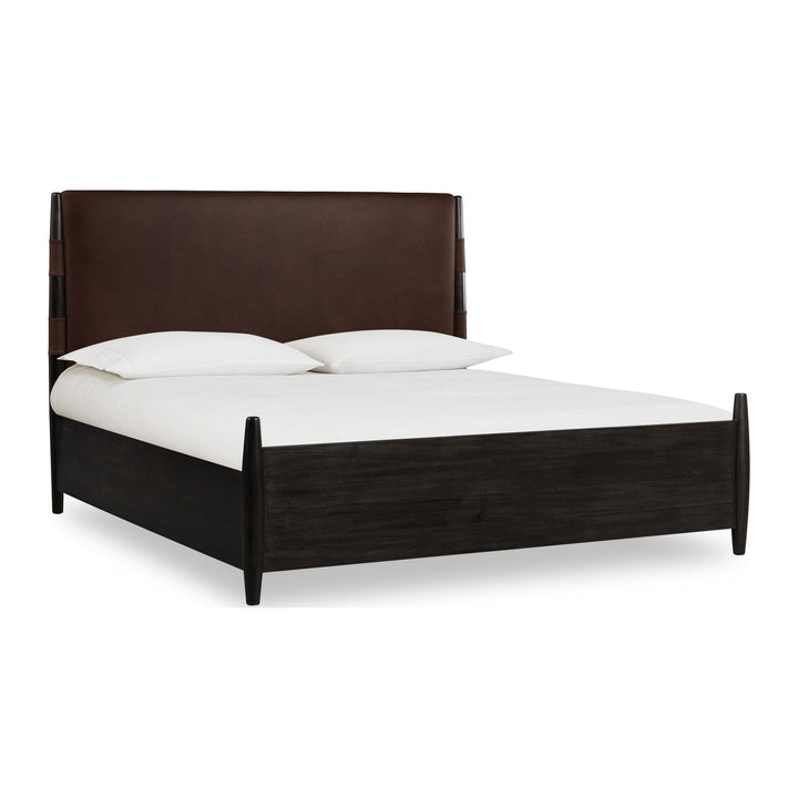 Koko Upholstered Panel Bed by Modus in Minx — white background, angled view