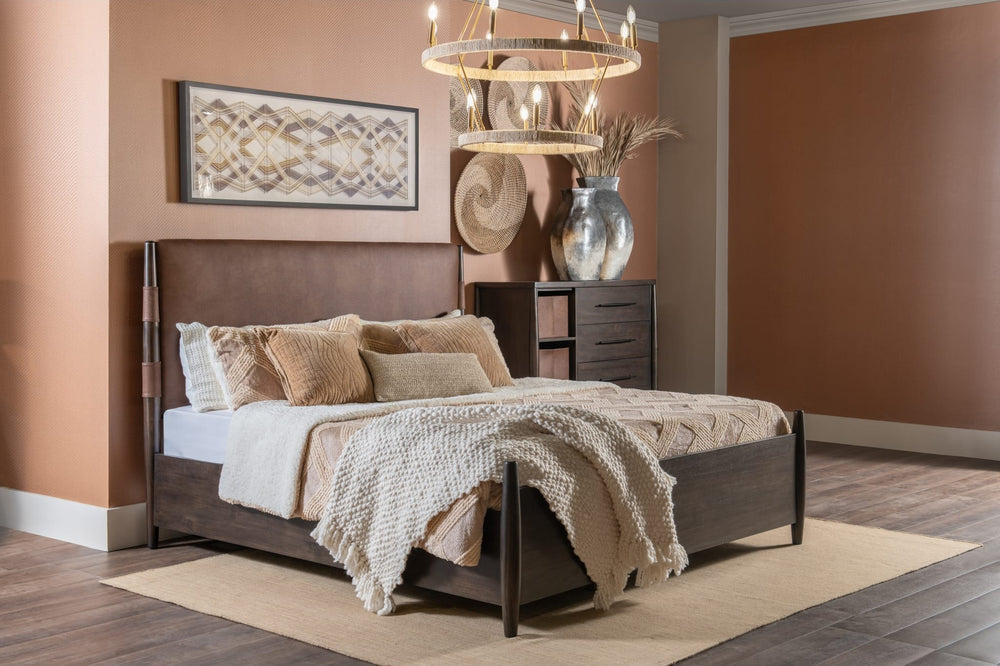 Koko Upholstered Panel Bed in Minx styled in a bedroom