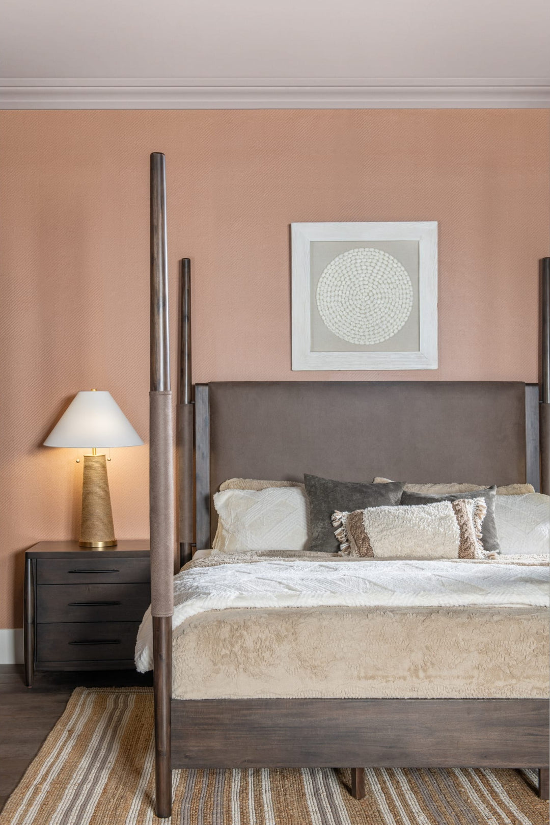 Koko Upholstered Poster Bed in Minx styled in a bedroom