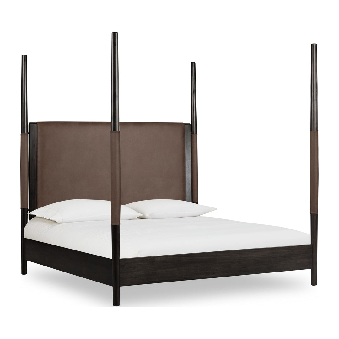 Koko Upholstered Poster Bed by Modus in Minx — white background, angled view