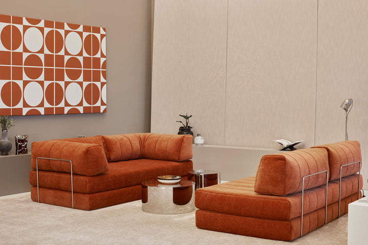 CozyPad Sleeper Sofa L-Shape with arm by Innovation Living in rust orange velvet split into two sofas with chrome side tables