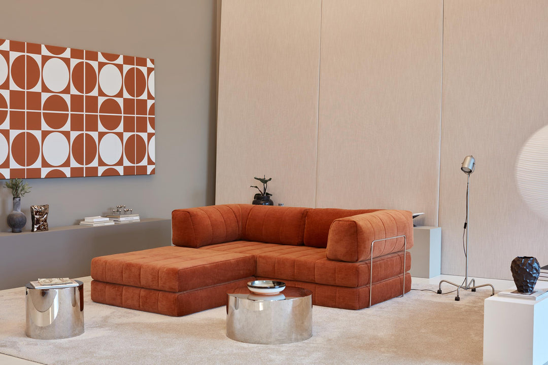 CozyPad Sleeper Sofa Grand with arms by Innovation Living in rust orange velvet as a sofa with chaise and chrome side tables