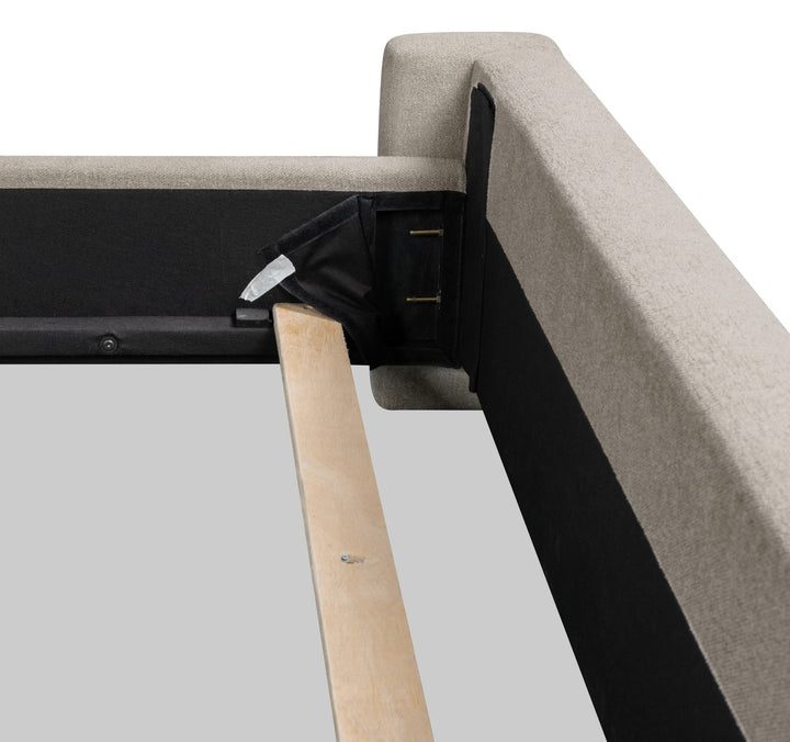 Langford Upholstered Bed in Moondust — close-up of a slat and rail bracket