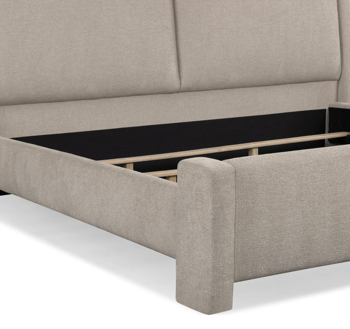 Langford Upholstered Bed in Moondust — close-up of the footboard