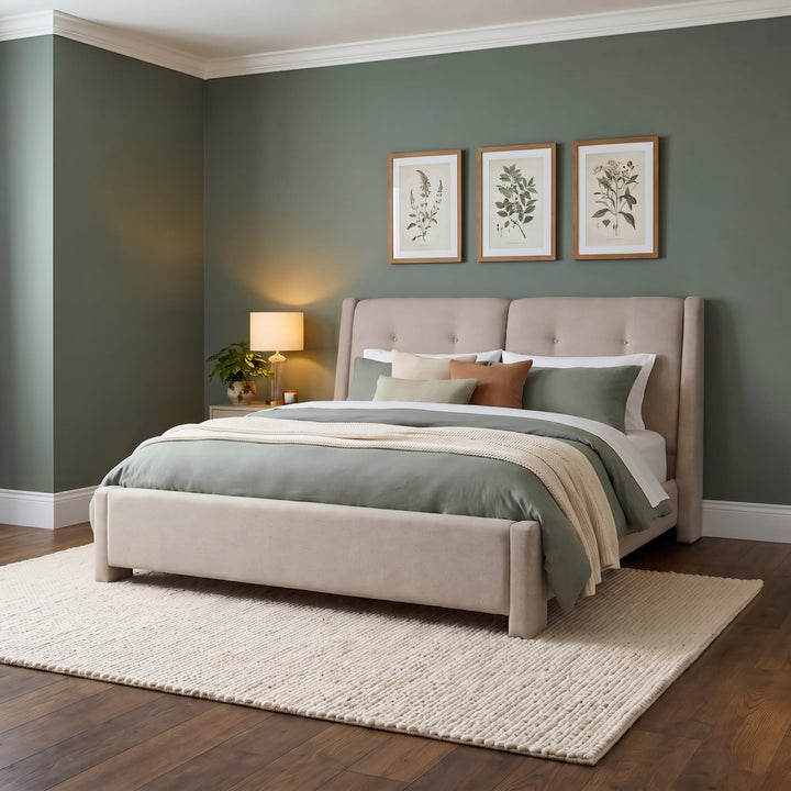 Langford Upholstered Bed in Moondust styled in a bedroom