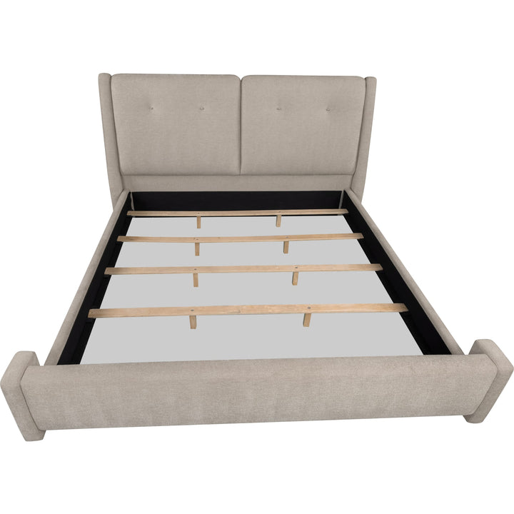 Langford Upholstered Bed in Moondust — without mattress, showing slat platform