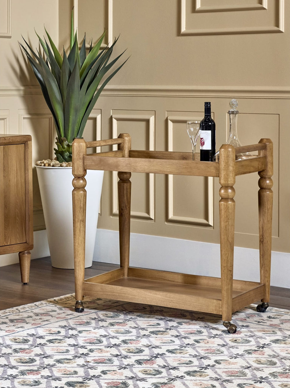 Langley Bar Cart in Cabin Glow — lifestyle photo