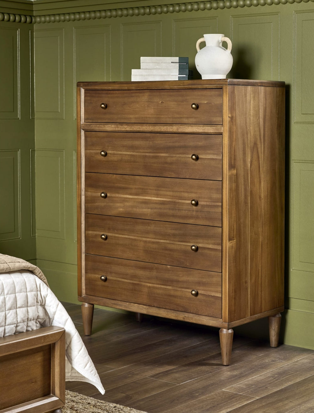 Langley Five Drawer Chest in Autumn Forest — styled in a room