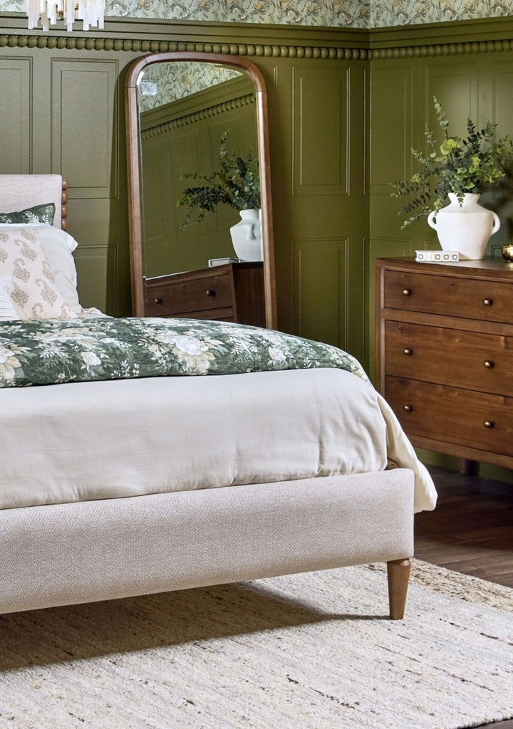 Langley Floor Mirror in Autumn Forest — in a bedroom setting
