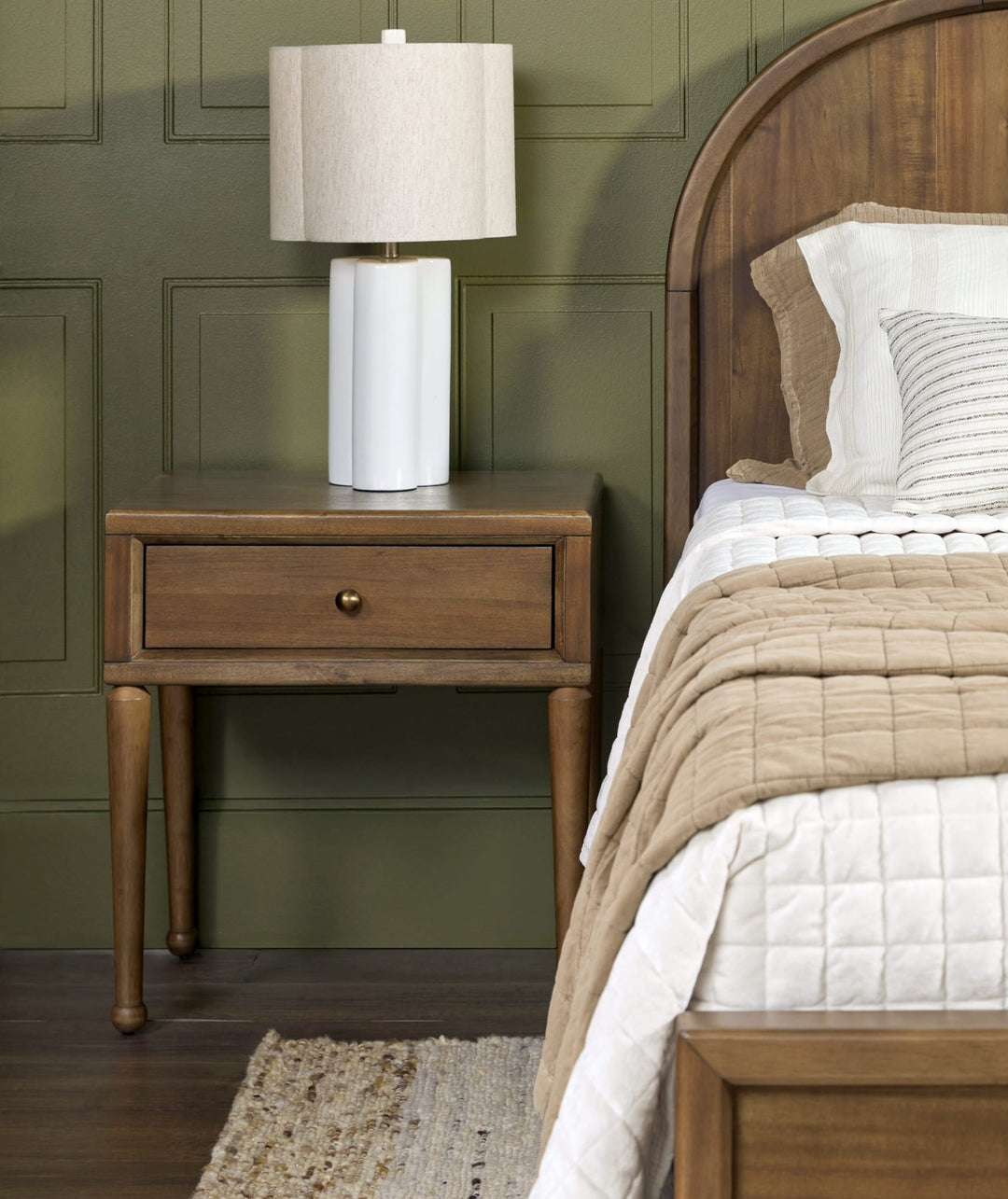 Langley One Drawer Nightstand with Cord Management in Autumn Forest — in a bedroom setting
