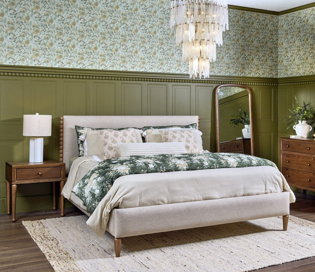 Langley One Drawer Nightstand with Cord Management in Autumn Forest — in a bedroom setting