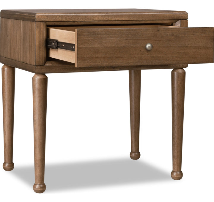 Langley One Drawer Nightstand with Cord Management in Autumn Forest — with drawers open