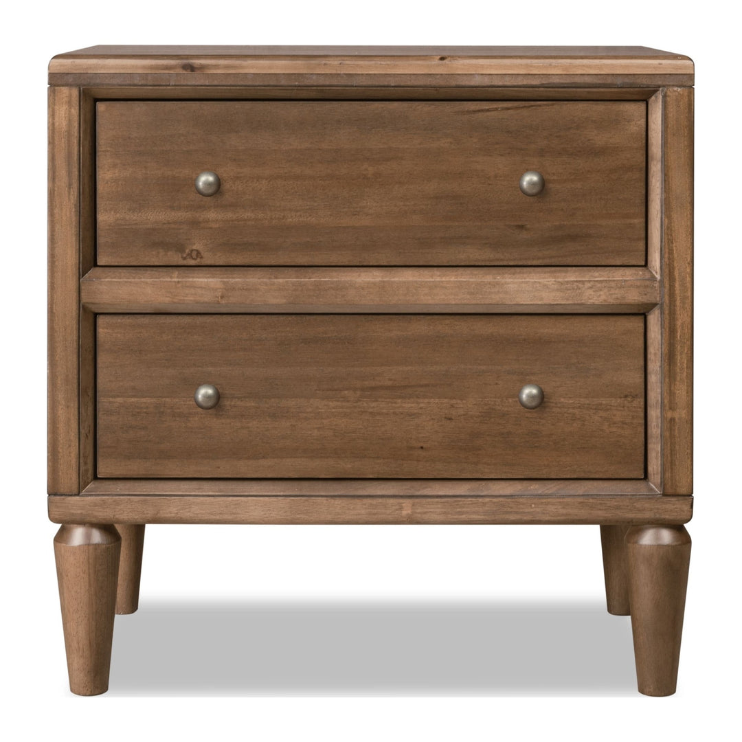 Langley Two Drawer Nightstand with Cord Management by Modus in Autumn Forest — on a white background