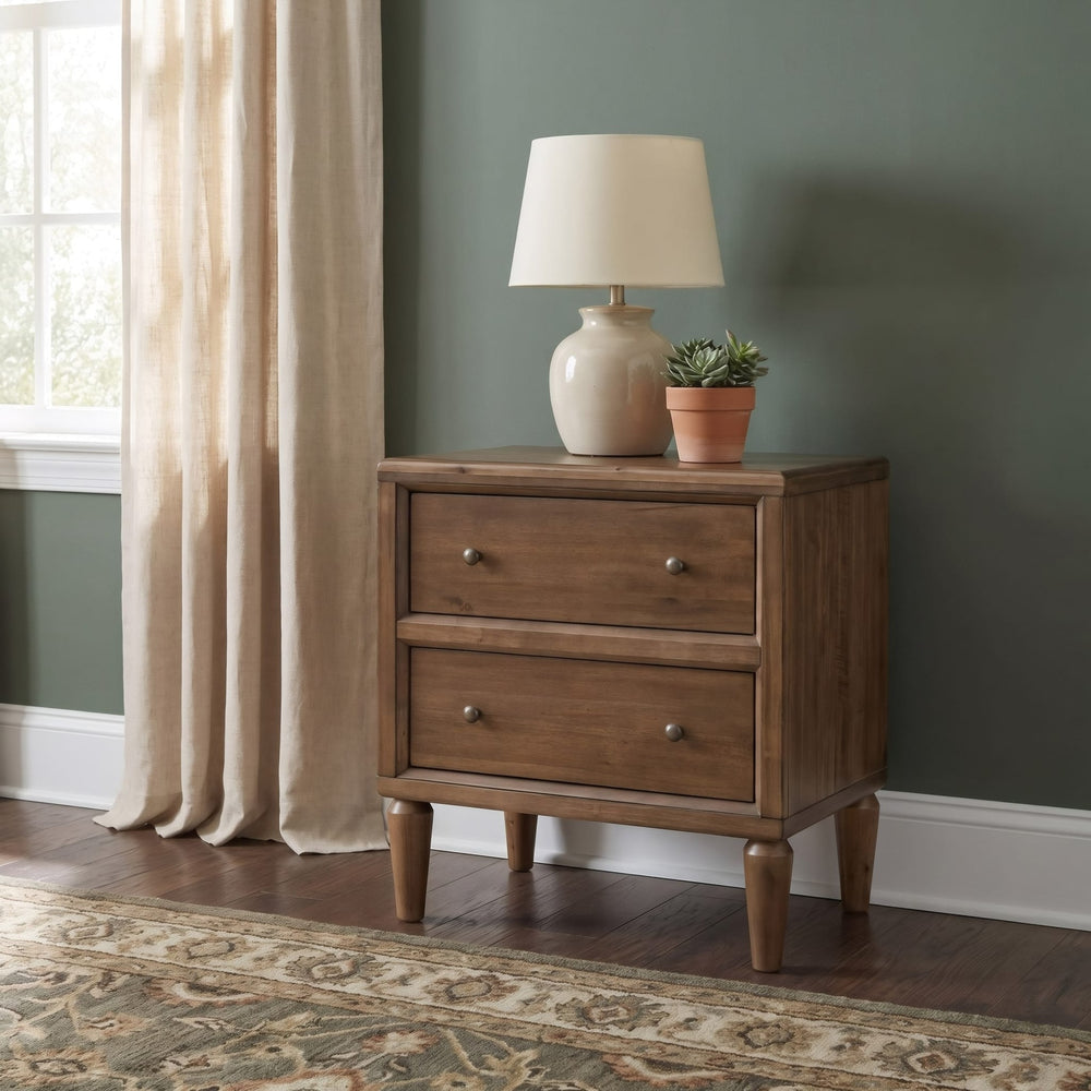 Langley Two Drawer Nightstand with Cord Management in Autumn Forest — in a bedroom setting