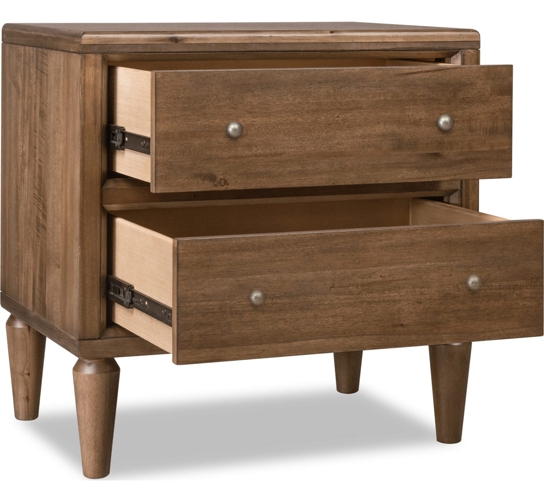 Langley Two Drawer Nightstand with Cord Management in Autumn Forest — with drawers open