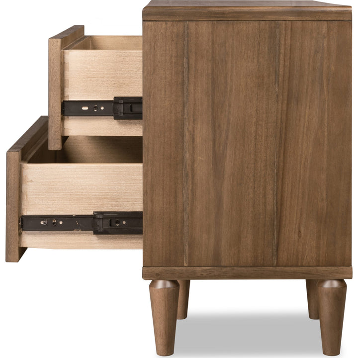 Langley Two Drawer Nightstand with Cord Management in Autumn Forest — with drawers open