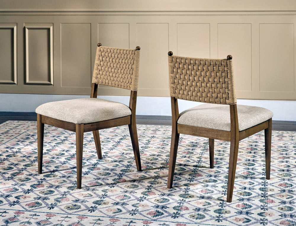 Langley Woven Back Dining Chair in Snow White and Cabin Glow — lifestyle photo