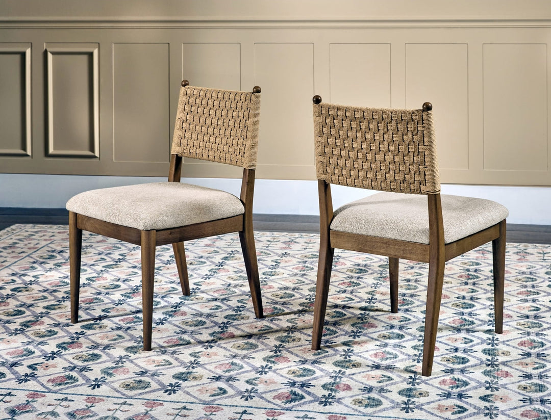 Langley Woven Back Dining Chair in Snow White and Cabin Glow — lifestyle photo