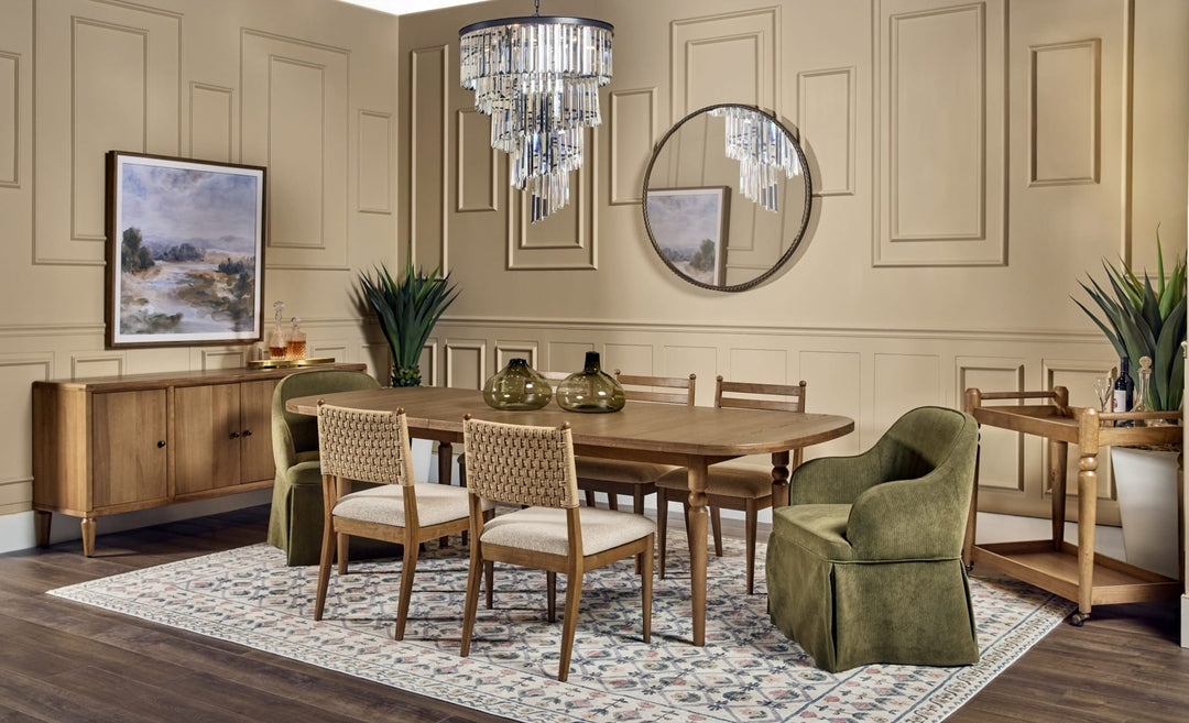 Langley Woven Back Dining Chair in Snow White and Cabin Glow — lifestyle photo