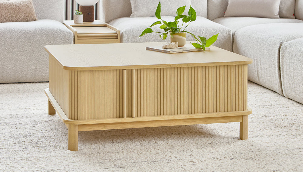 Ledger Coffee Table by Gus Modern in a styled living space