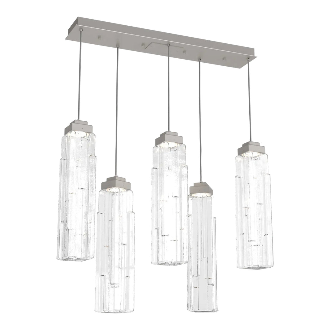 Ledgestone Linear Pendant Chandelier by Hammerton Studio 5 Lights in Beige Silver with Clear Ledgestone glass
