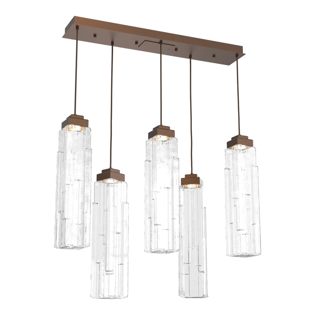 Ledgestone Linear Pendant Chandelier by Hammerton Studio 5 Lights in Burnished Bronze with Clear Ledgestone glass