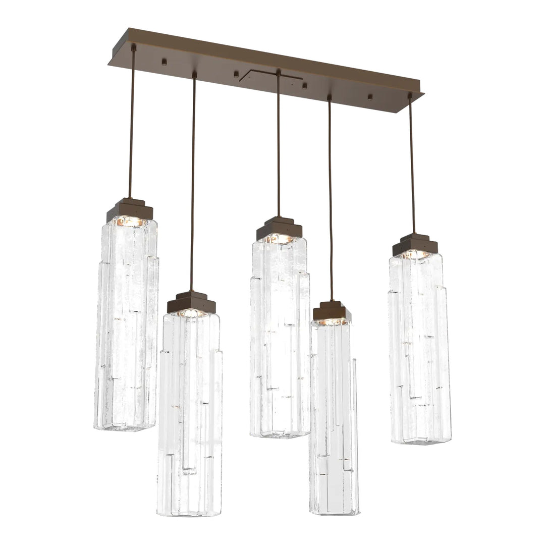 Ledgestone Linear Pendant Chandelier by Hammerton Studio 5 Lights in Flat Bronze with Clear Ledgestone glass
