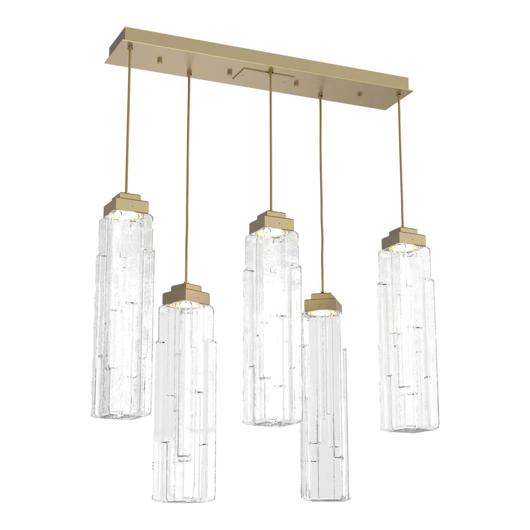 Ledgestone Linear Pendant Chandelier by Hammerton Studio 5 Lights in Gilded Brass with Clear Ledgestone glass