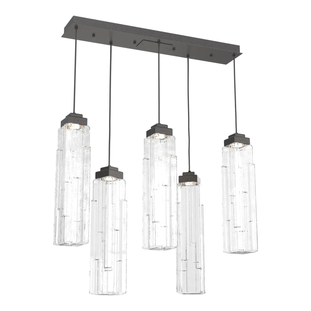 Ledgestone Linear Pendant Chandelier by Hammerton Studio 5 Lights in Graphite with Clear Ledgestone glass